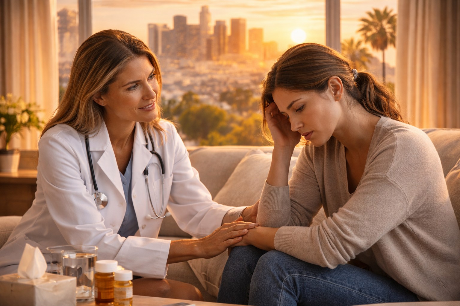 Doctor supporting a patient during luxury opiate addiction treatment in Los Angeles