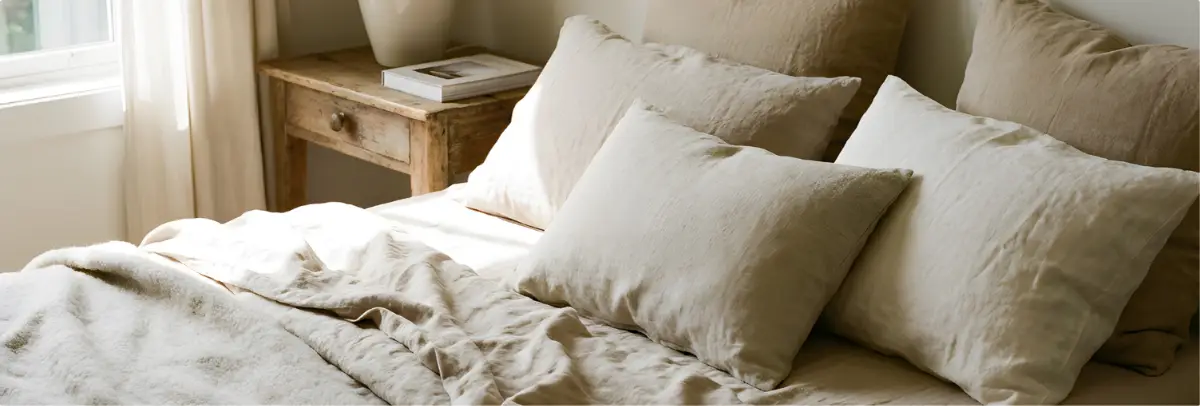 Sunlit, neatly made bed with neutral linens in a peaceful bedroom, representing comfortable sober living.