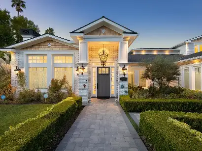 Luxury rehab home in Los Angeles with elegant entrance, landscaped garden pathway, and private residential addiction treatment setting at Cleon