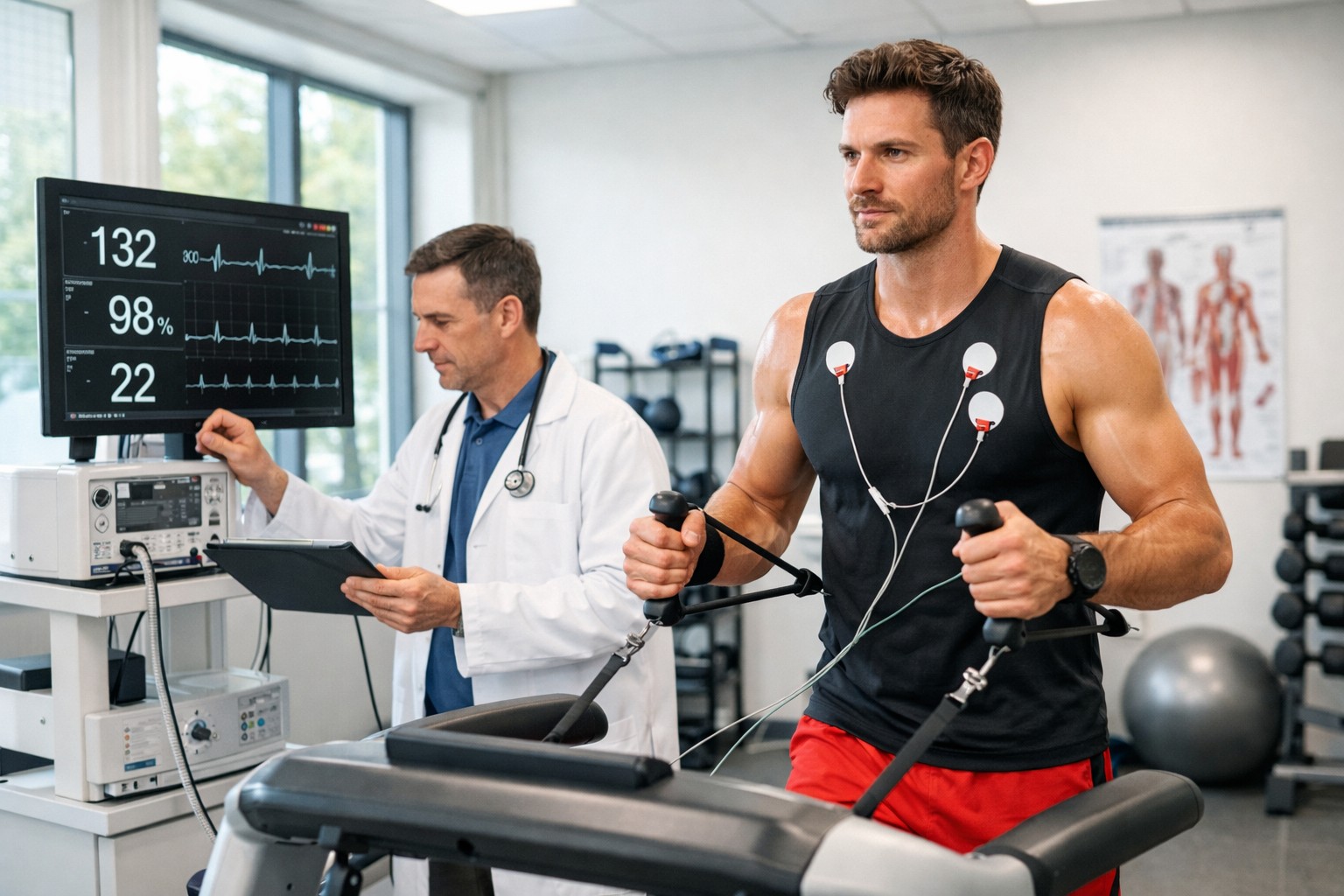 Professional athlete performing light rehabilitation exercises while a doctor monitors vital signs on medical equipment in a modern clinical sports medicine setting with bright natural lighting.