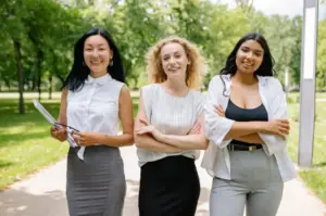 Three professional women standing confidently in a park setting, serving as the header for an article on gender-responsive addiction treatment