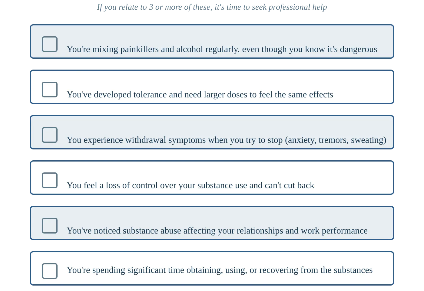 Checklist of warning signs of substance misuse, including mixing painkillers and alcohol, increased tolerance, withdrawal symptoms, loss of control, and negative impact on relationships and work